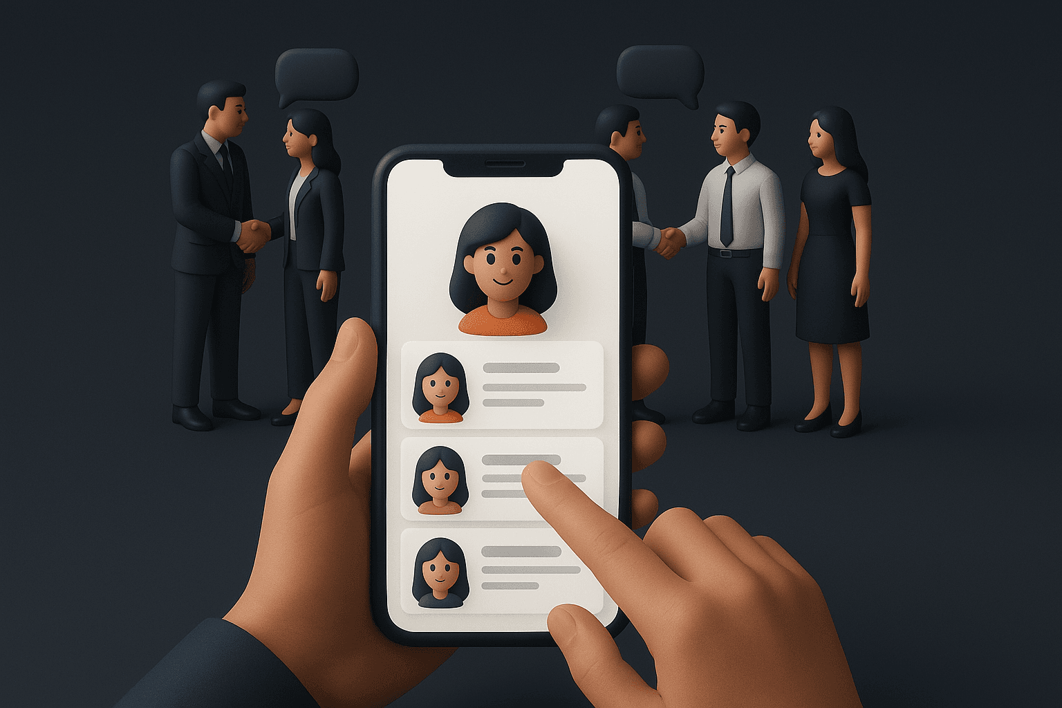 Connecto app interface showing networking features in dark mode